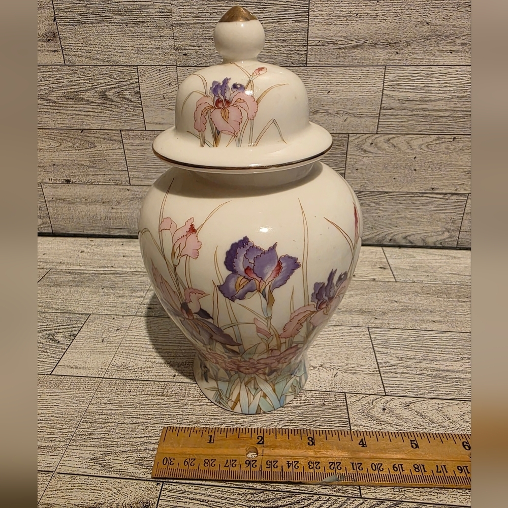 Vintage Floral Porcelain Jar with Lid - White, Purple & Pink